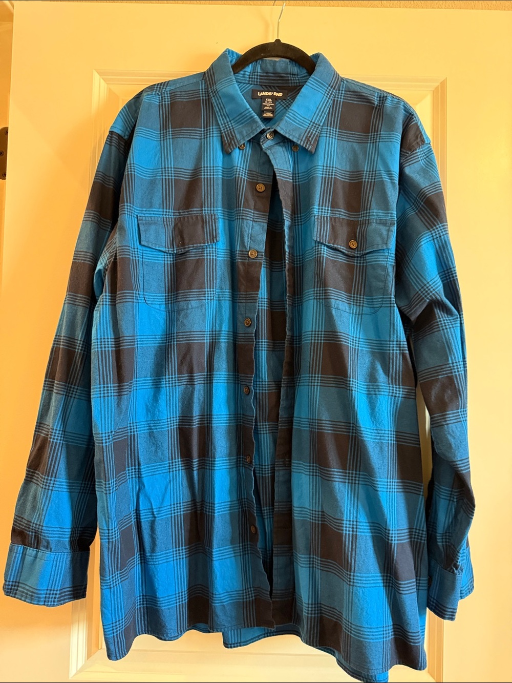 Lands' End Men's Teal and Black Plaid Button-Down Shirt